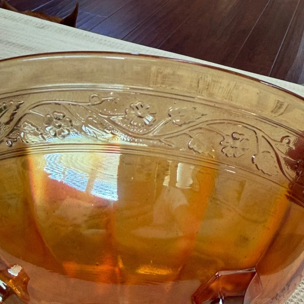 Vintage Marigold Carnival Glass Footed Bowl Iridescent Floral Etched 3-Legged